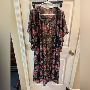 one clothing Black Sheer Floral Kimono Robe with Red-Pink Blooms